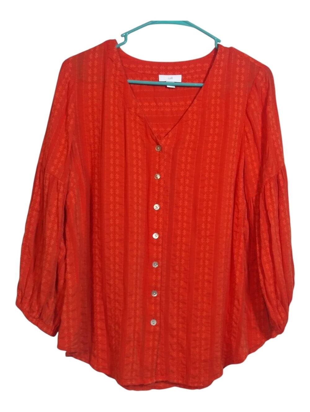 J.Jill Orange Textured V neck Button Front Peasant Blouse Size Small